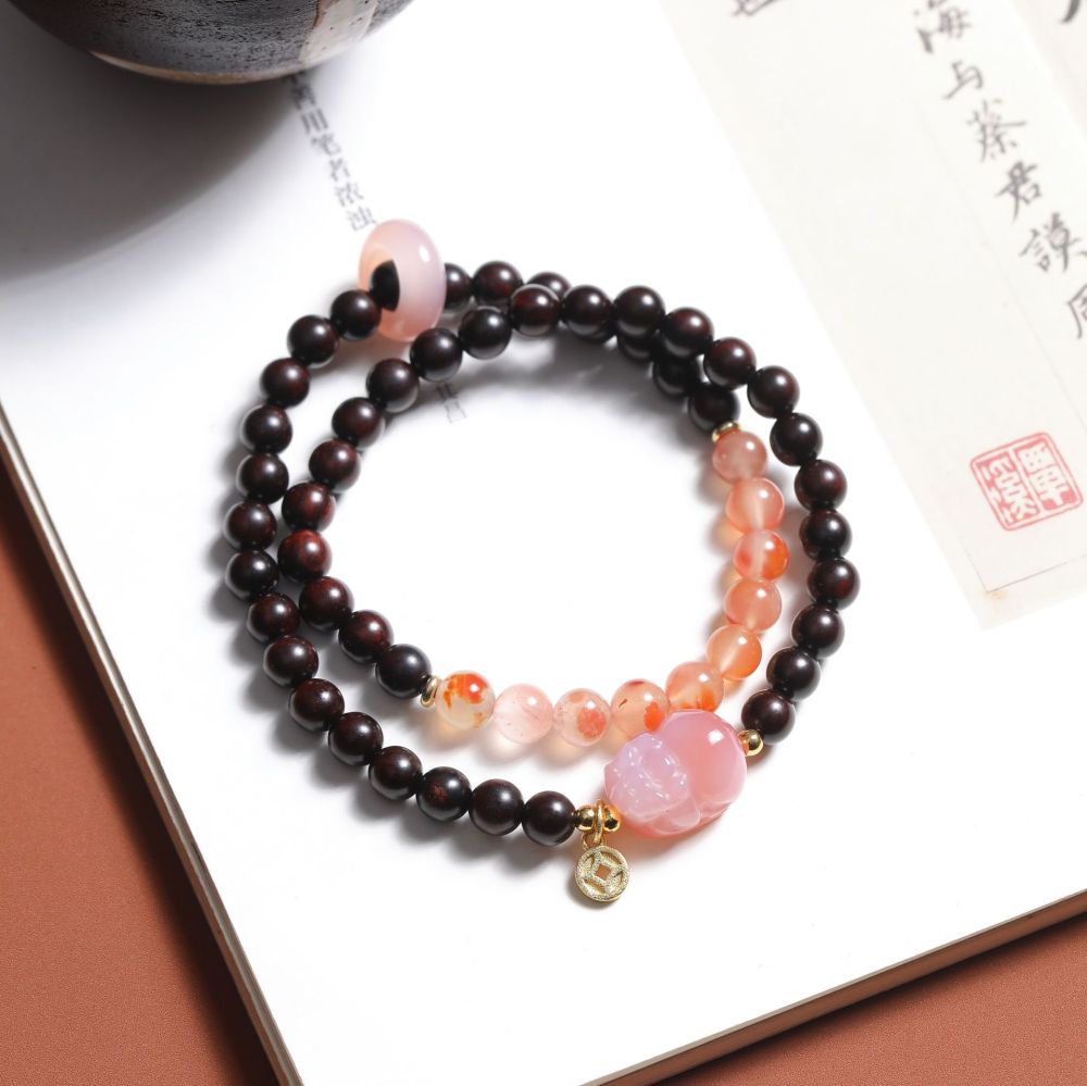 Small-Leaf Sandalwood Bracelet Paired with Nanhong Agate & Salt-Source Pixiu DIY Double-Strand Bracelet