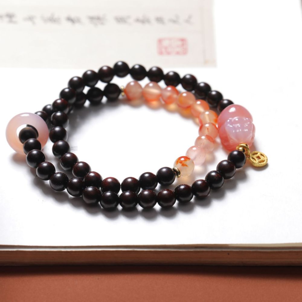 Small-Leaf Sandalwood Bracelet Paired with Nanhong Agate & Salt-Source Pixiu DIY Double-Strand Bracelet