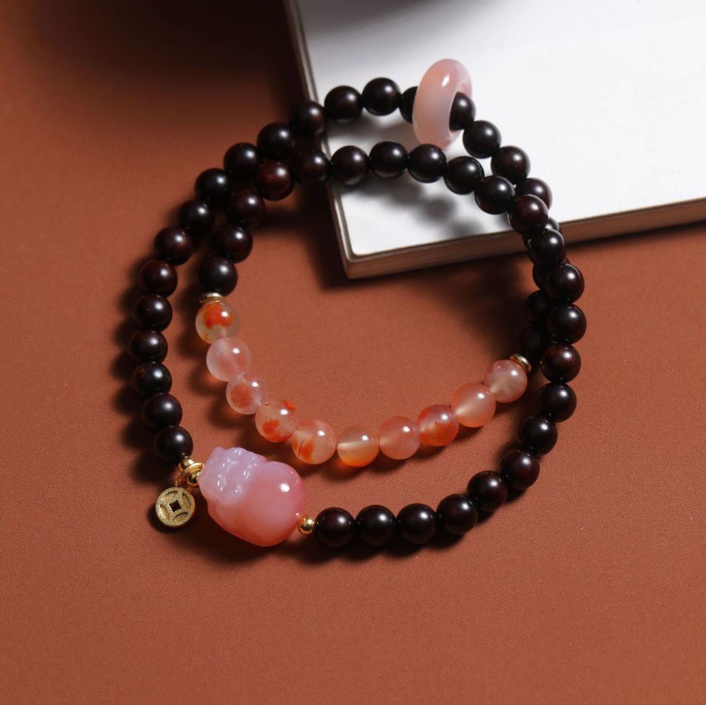 Small-Leaf Sandalwood Bracelet Paired with Nanhong Agate & Salt-Source Pixiu DIY Double-Strand Bracelet