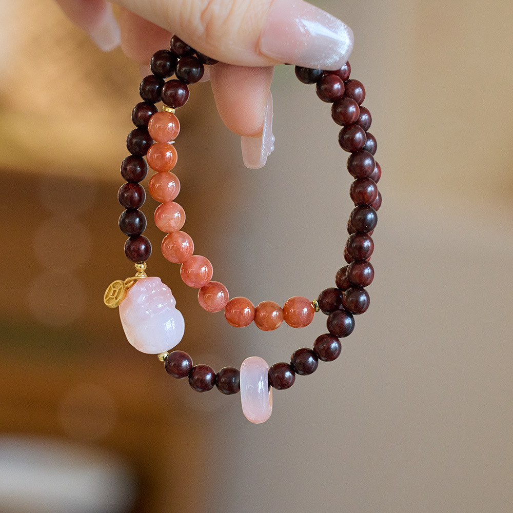 Small-Leaf Sandalwood Bracelet Paired with Nanhong Agate & Salt-Source Pixiu DIY Double-Strand Bracelet