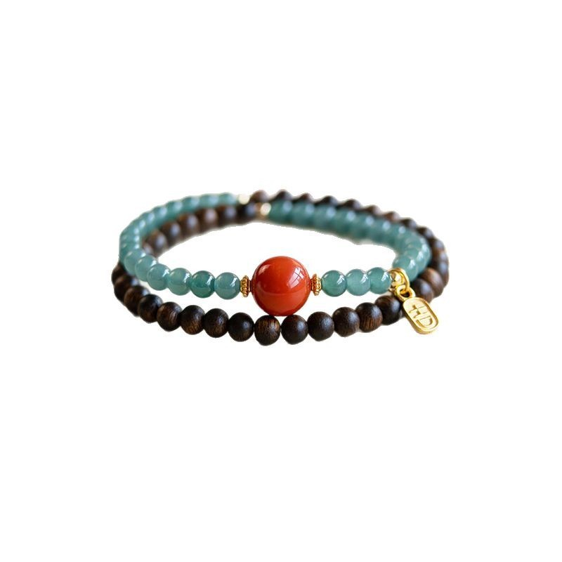 Blue Water Jade Bracelet, Natural Brunei Sandalwood Wooden Bead Necklace for Women, South Red Agate Amulet Beads, Multi-Gem Double-Ring Bead Necklace