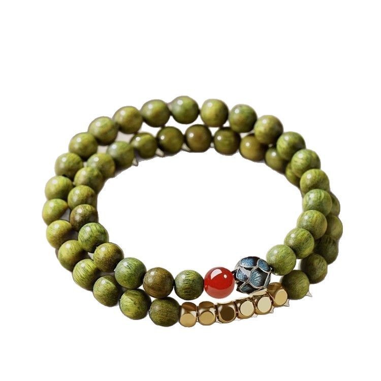 Natural Green Sandalwood Bracelet for Women | Double-Loop Hand Chain with Red Agate Lucky Beads & Emotion-Soothing Beads | New Chinese Style Sandalwood Jewelry