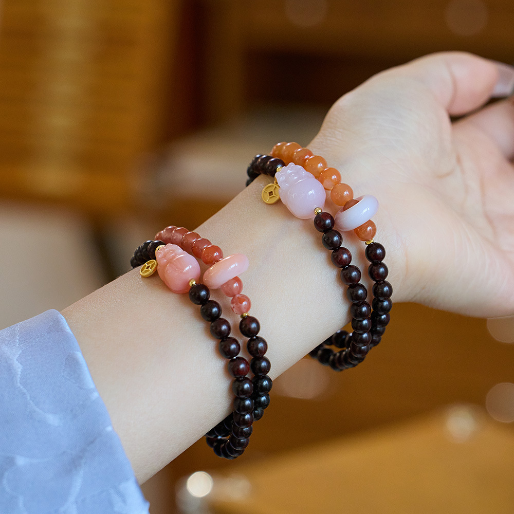 Small-Leaf Sandalwood Bracelet Paired with Nanhong Agate & Salt-Source Pixiu DIY Double-Strand Bracelet