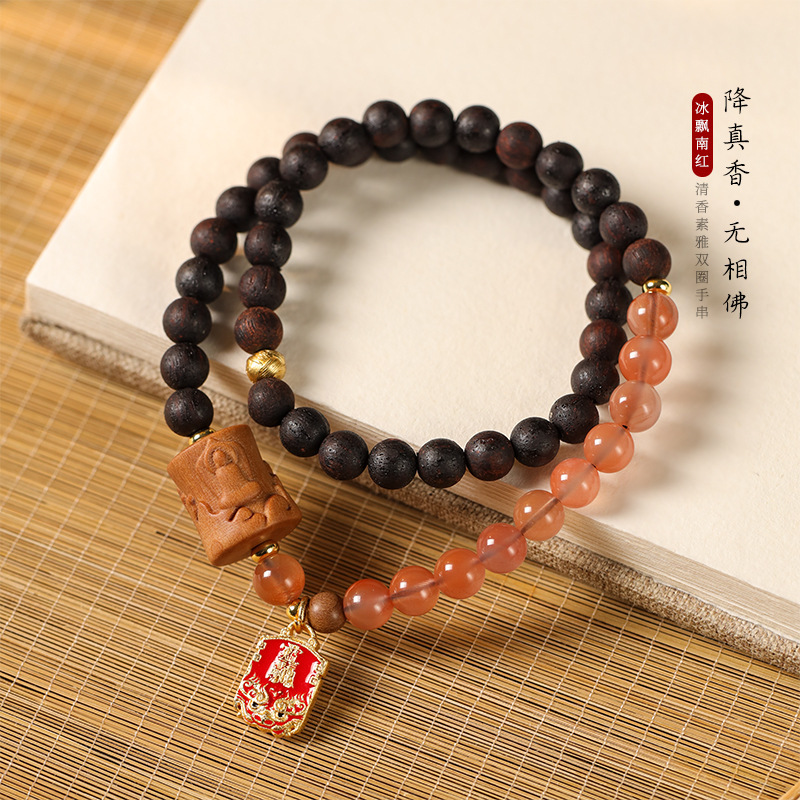 New Chinese Style Floral-Incense Wood & Southern Red Agate Double-Loop Bracelet with Aged Sandalwood Formless Buddha Barrel Beads