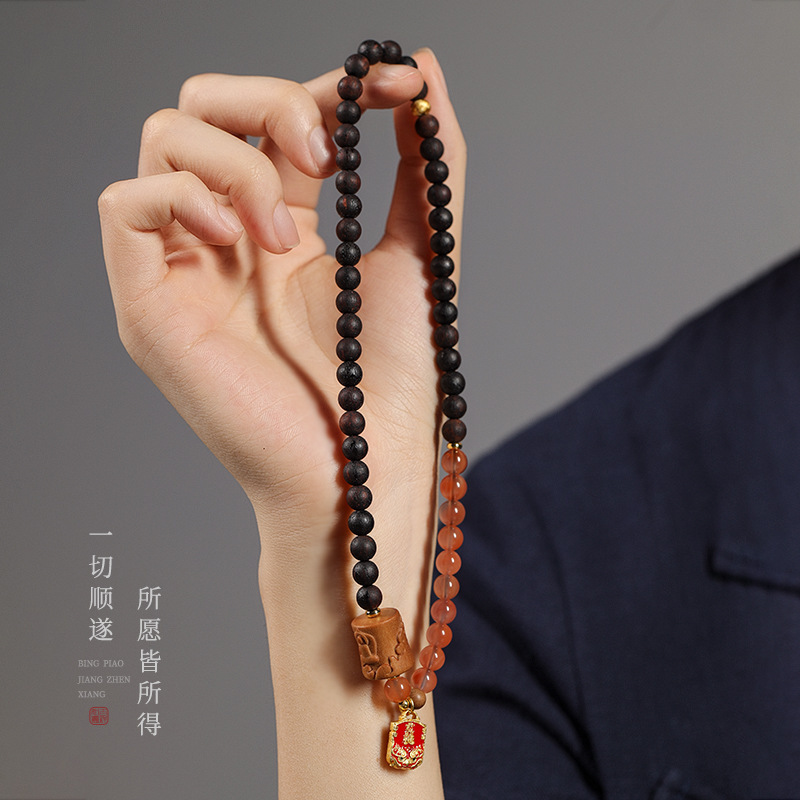 New Chinese Style Floral-Incense Wood & Southern Red Agate Double-Loop Bracelet with Aged Sandalwood Formless Buddha Barrel Beads