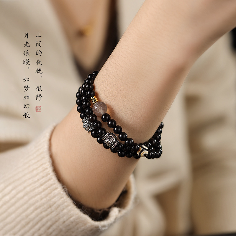 High-Oil Purple Sandalwood Original Gray Agate Huiwen Bead "Star in the Night" Triple-Loop Niche Literary Ancient-Style Bracelet