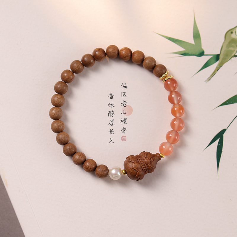 Handmade Original Design Forest-inspired & Elegant Light Luxury Aged Sandalwood with Ice-fleck Southern Red Agate “Fortune & Prosperity” Bracelet for Women