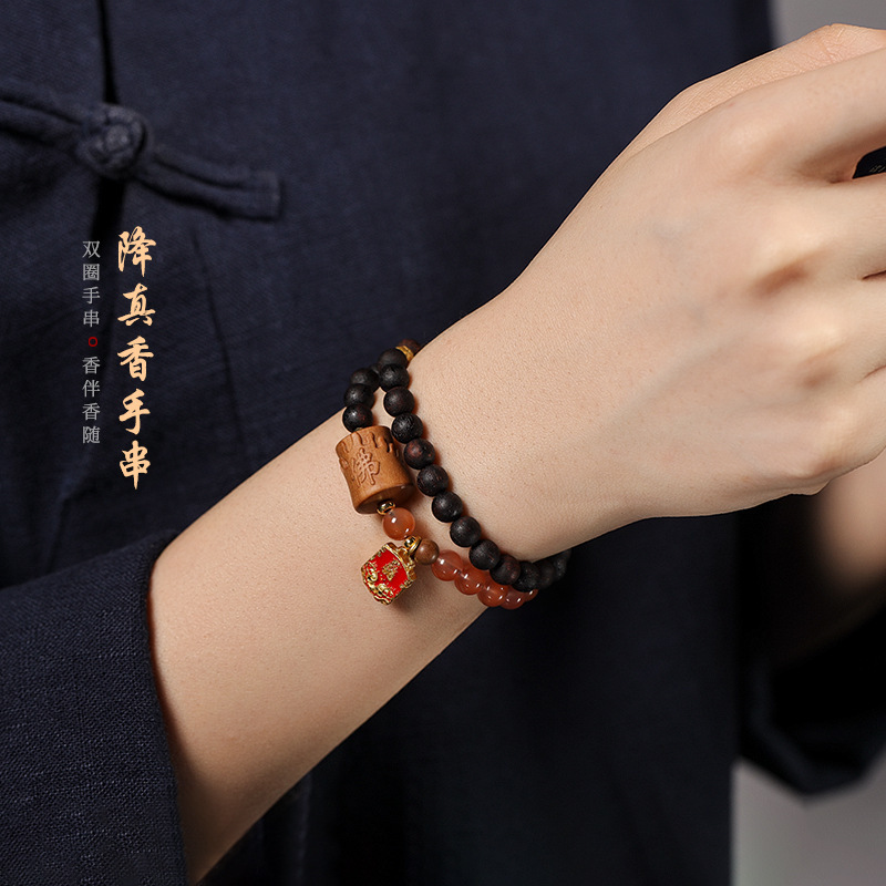 New Chinese Style Floral-Incense Wood & Southern Red Agate Double-Loop Bracelet with Aged Sandalwood Formless Buddha Barrel Beads