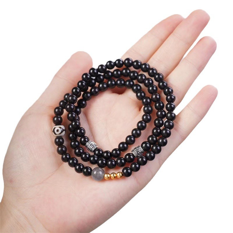 High-Oil Purple Sandalwood Original Gray Agate Huiwen Bead "Star in the Night" Triple-Loop Niche Literary Ancient-Style Bracelet