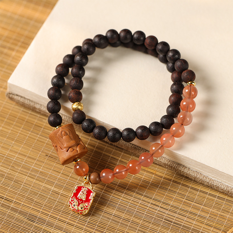 New Chinese Style Floral-Incense Wood & Southern Red Agate Double-Loop Bracelet with Aged Sandalwood Formless Buddha Barrel Beads