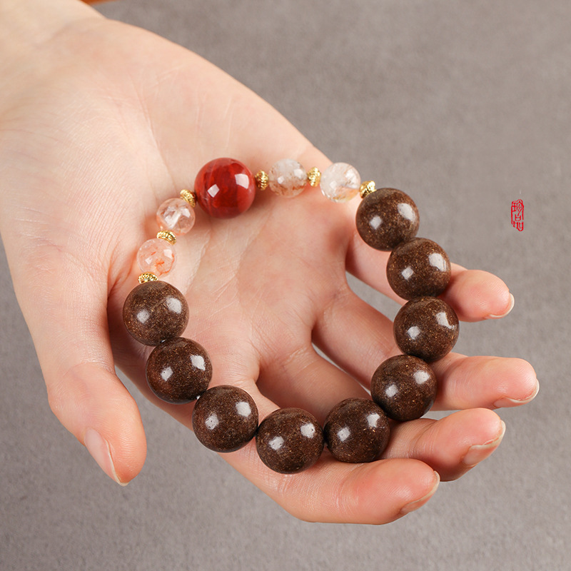 Heritage Artisan Styrax Incense Bead Bracelet with Nanhong Agate, Black Gold Super Seven Crystal —A Vintage Fortune-Infused Handchain