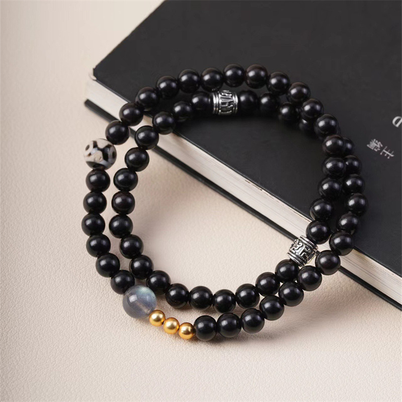High-Oil Purple Sandalwood Original Gray Agate Huiwen Bead "Star in the Night" Triple-Loop Niche Literary Ancient-Style Bracelet