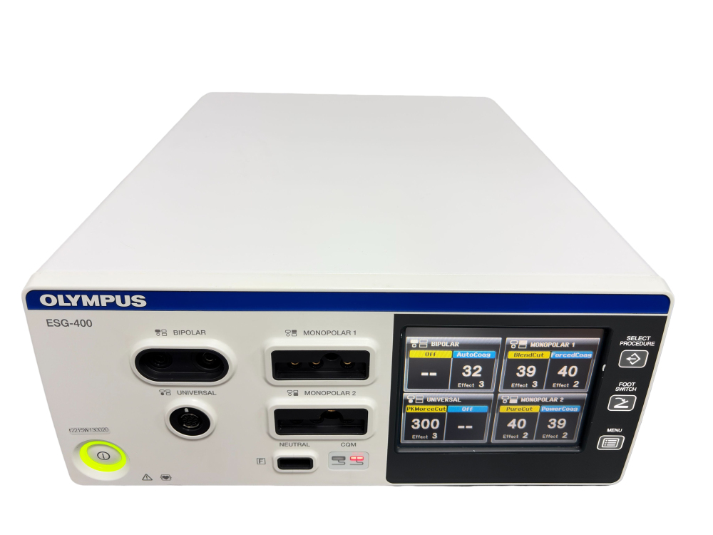 Olympus ESG-400 Electrosurgical Generator front view with touch screen display and output sockets