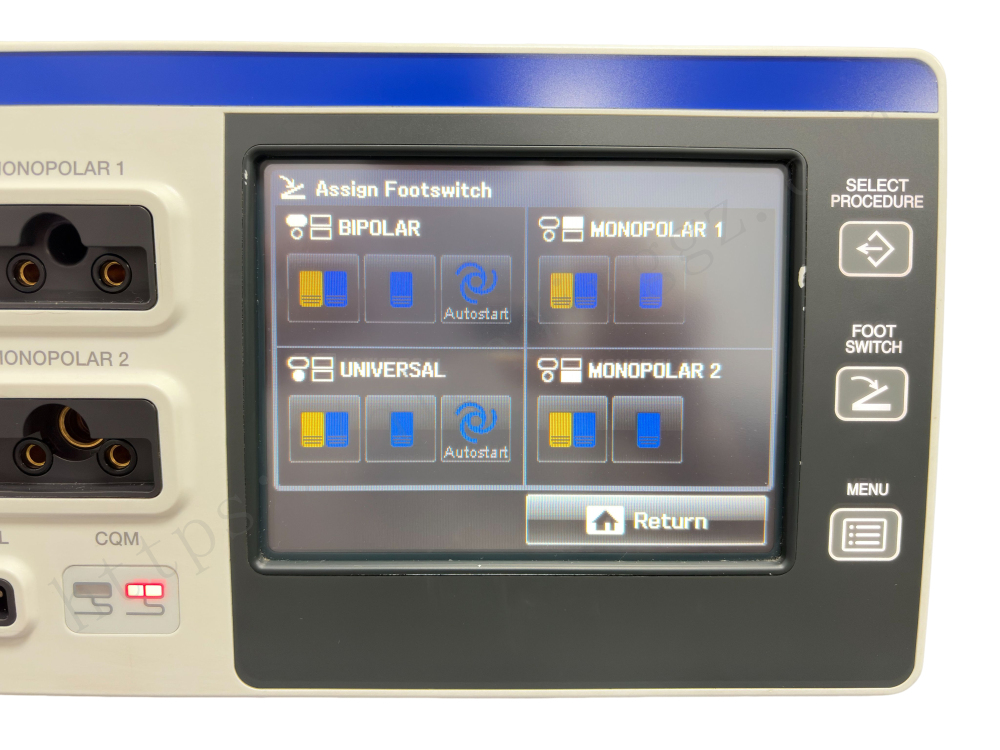 Olympus ESG-400 touch screen interface showing footswitch assignment settings