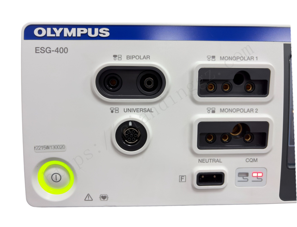 Detailed view of Monopolar and Bipolar output sockets on Olympus ESG-400 HF generator