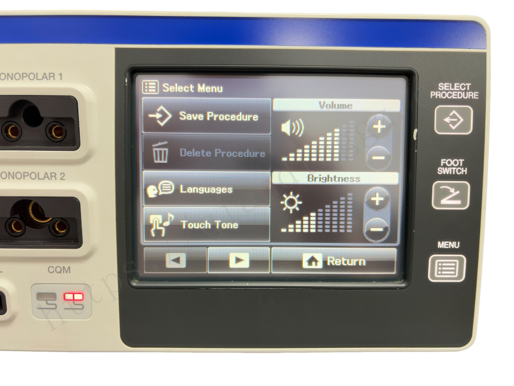 Olympus ESG-400 main menu display for volume brightness and language settings