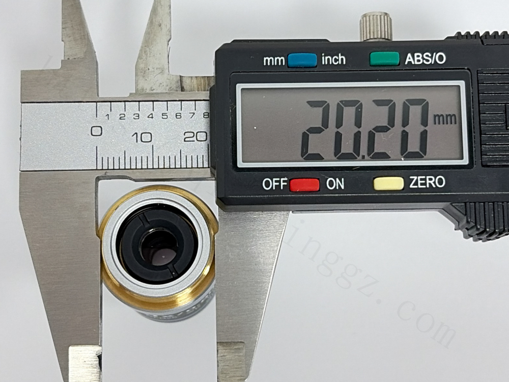 Measuring Nikon 60X objective lens thread diameter with digital caliper, 20.20mm
