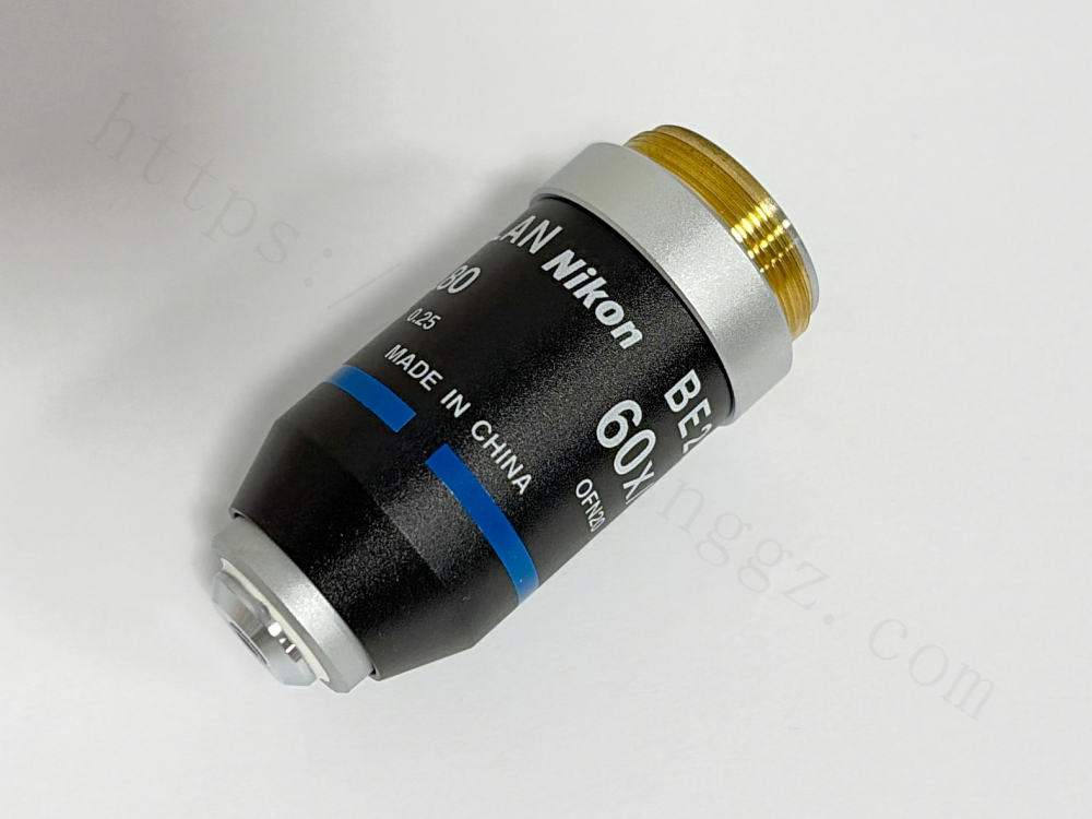 Side view of Nikon BE2 Plan 60X objective, made in China, metallurgical microscope parts