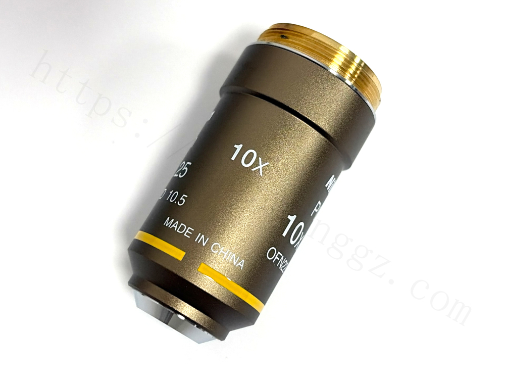 Nikon 10X microscope objective lens showing Made in China label