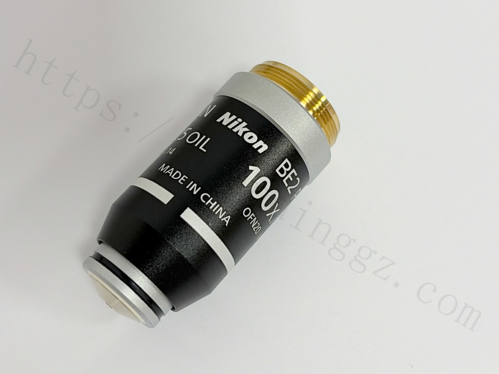 Nikon BE2 Plan 100X Objective Lens showing Made in China label