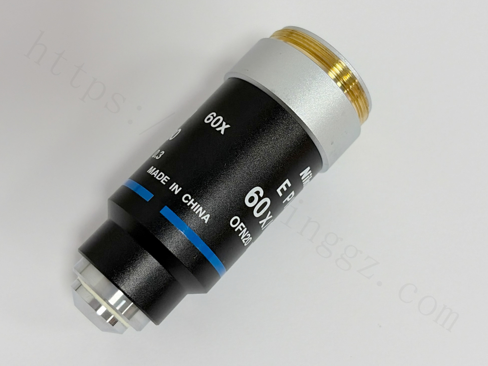 Nikon E Plan 60X Objective showing Made in China and OFN20 marking