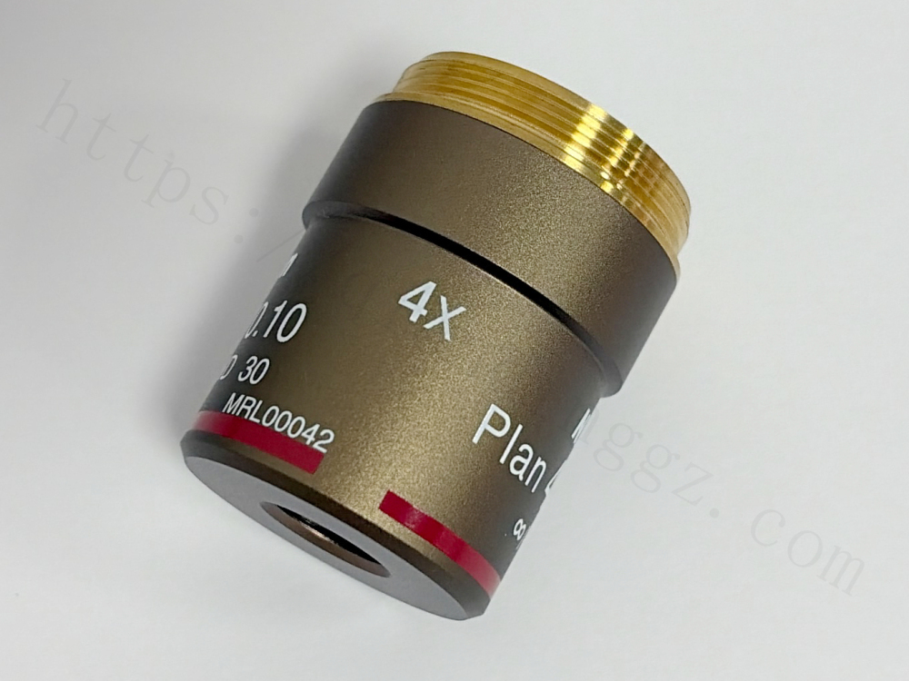Close-up of serial number MRL00042 on Nikon 4X objective