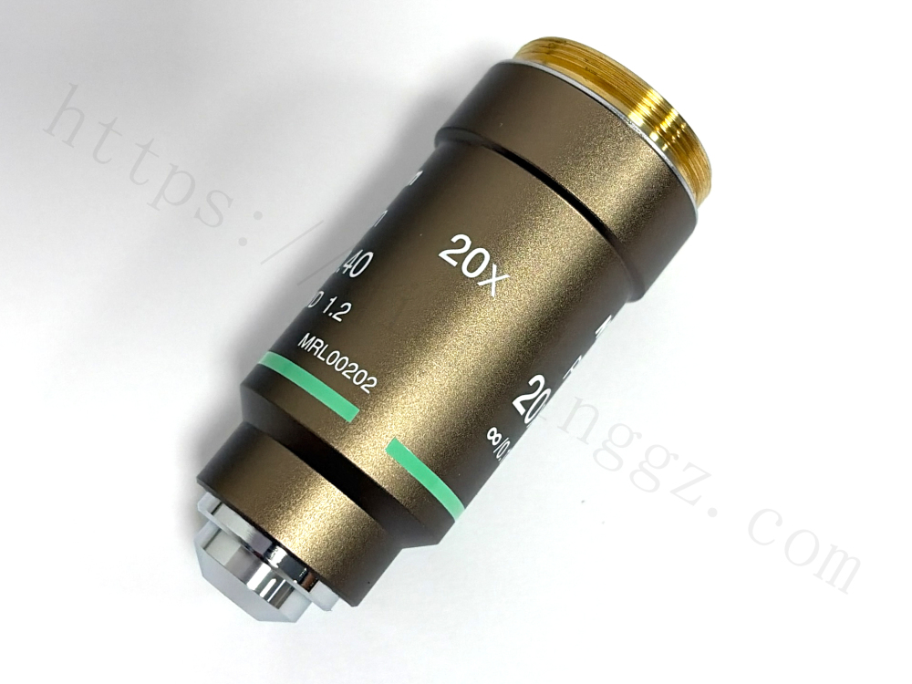 Detail view of Nikon 20X biological microscope objective lens MRL00202