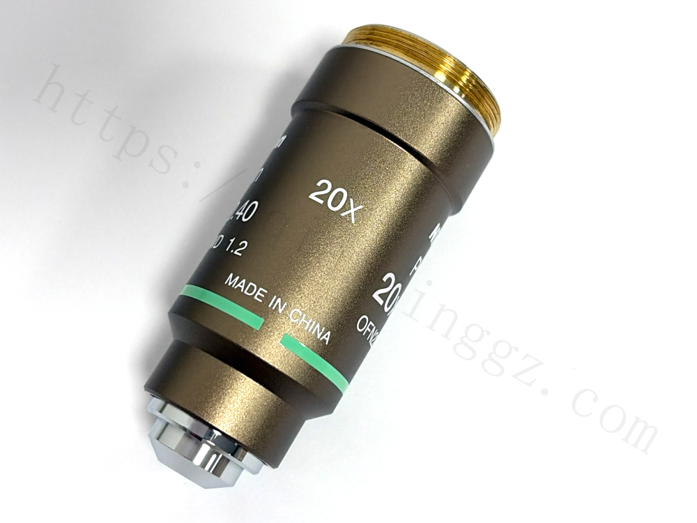 Side view of Nikon 20X microscope objective lens showing Made in China marking