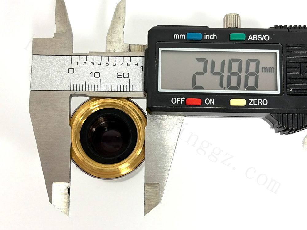Measuring Nikon MRH20045 objective thread diameter, showing 24.88mm