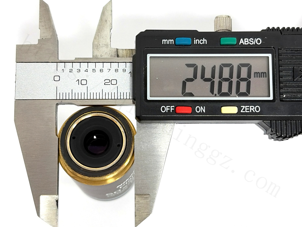 Measuring Nikon Plan 50x objective screw thread diameter, 24.88mm on caliper