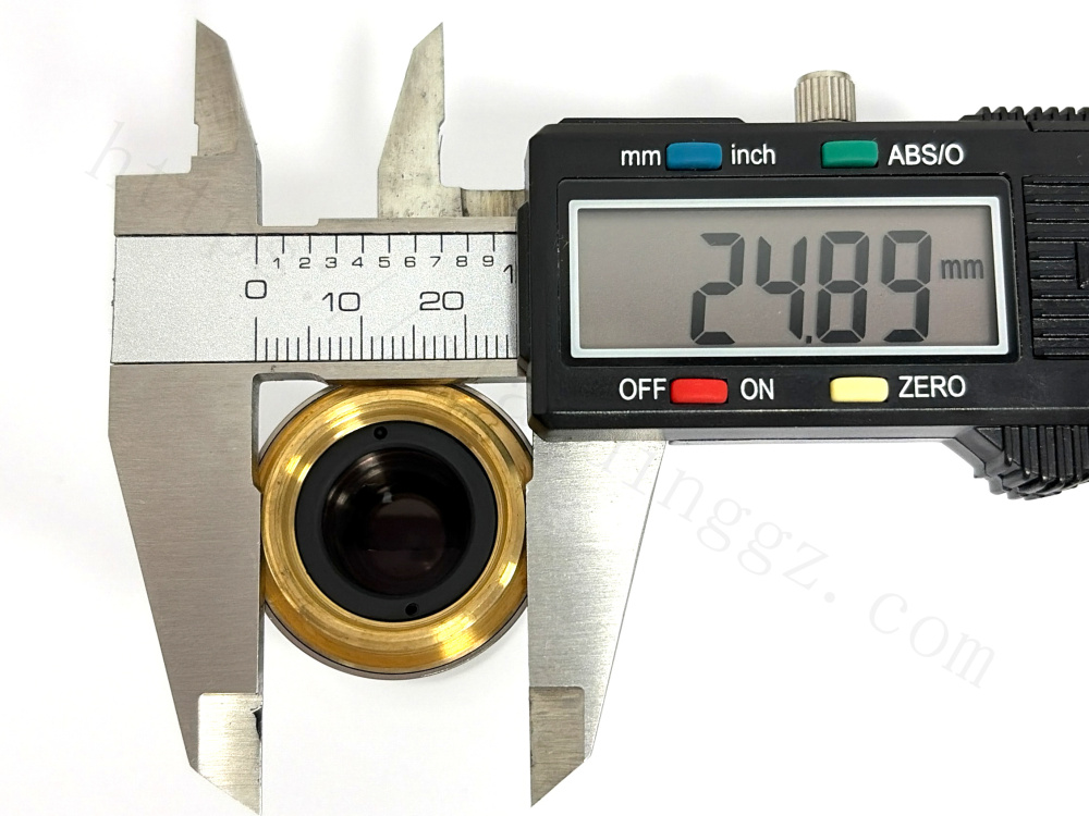 Measuring Nikon 4x objective thread diameter, showing 24.89mm on digital caliper
