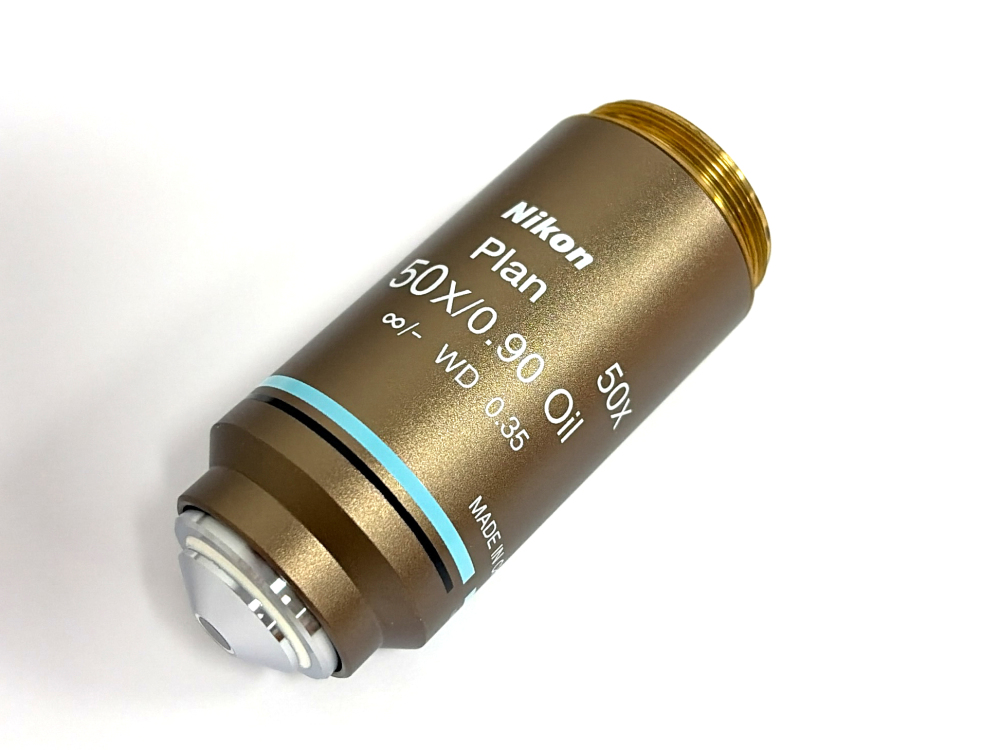Nikon Plan 50x, 0.90 Oil, infinity corrected microscope objective lens