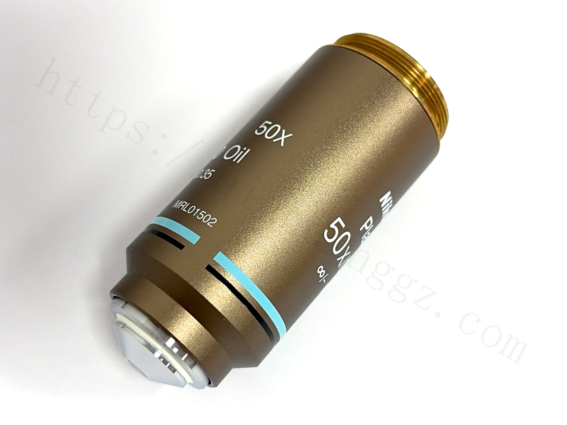 Nikon Plan 50x oil immersion objective lens, full body profile view