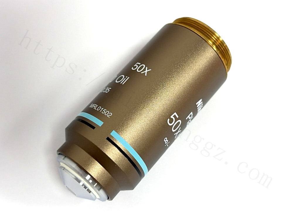 Nikon Plan 50x oil immersion objective lens, full body profile view
