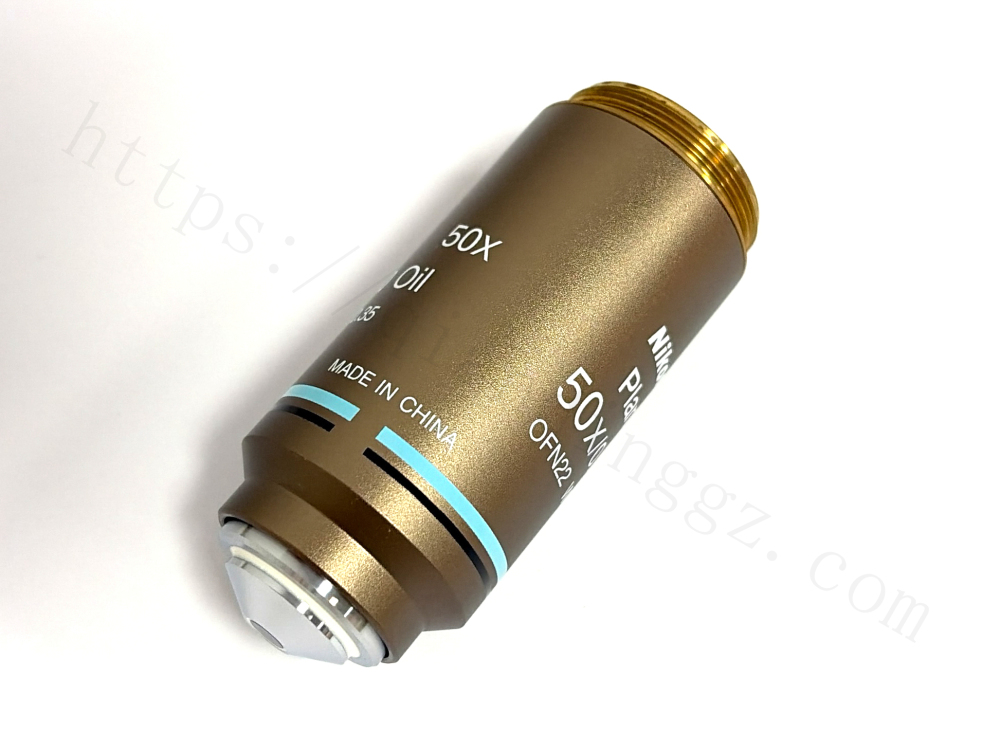 Nikon Plan 50x Oil objective, side view, made in China