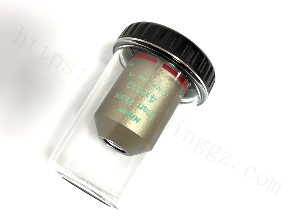 Nikon Plan Fluor 4x PhL DL phase contrast objective inside clear protective vial