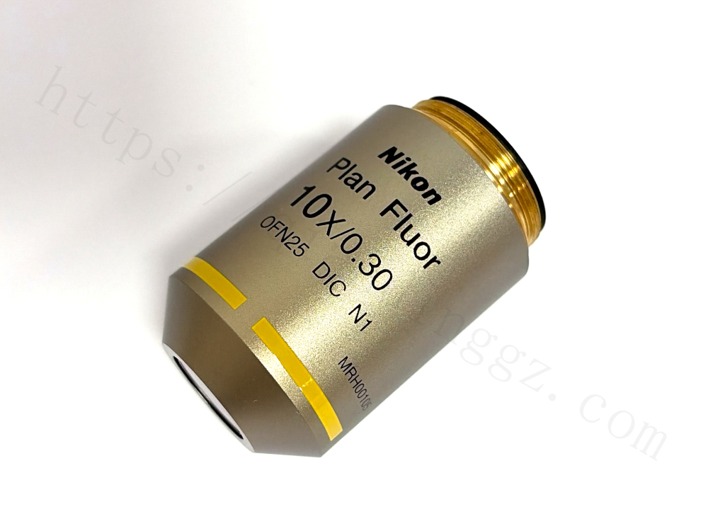 Side view of Nikon Plan Fluor 10X/0.30 infinity microscope objective