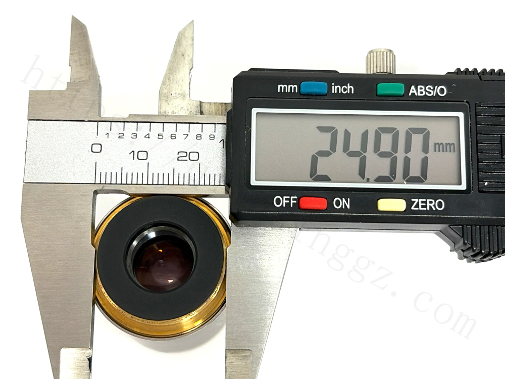 Caliper measuring the 25mm mounting thread of Nikon Plan Fluor 10X objective