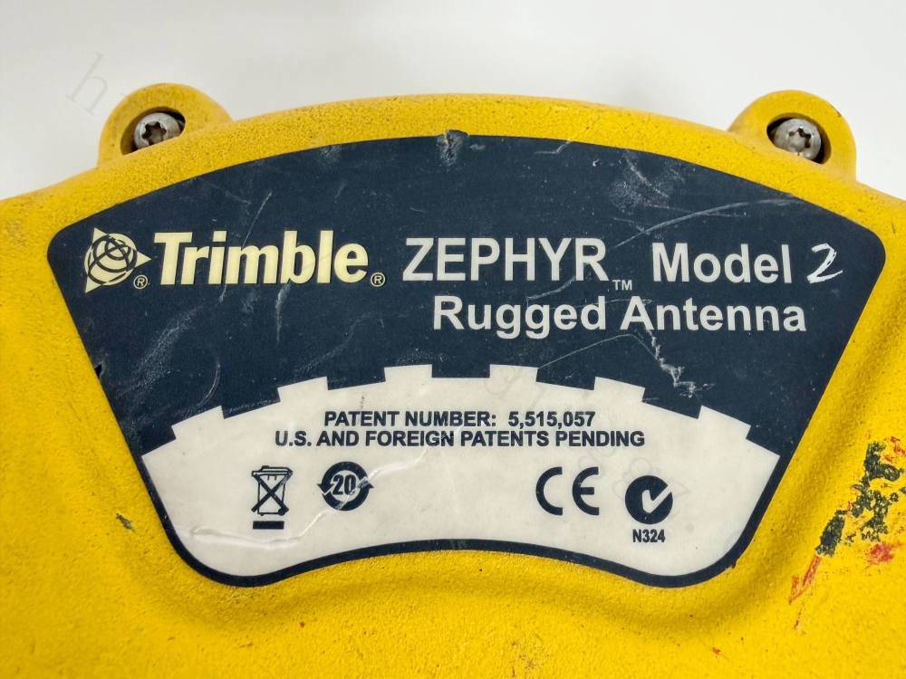 Alt: Close-up of Trimble Zephyr Model 2 logo, patent info, and CE mark