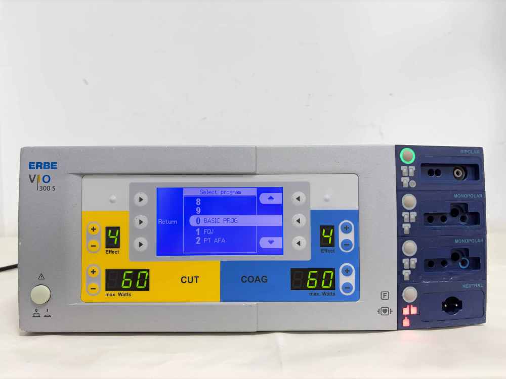 ERBE VIO 300 S electrosurgical unit powered on, displaying the BASIC PROG menu screen, fully functional.