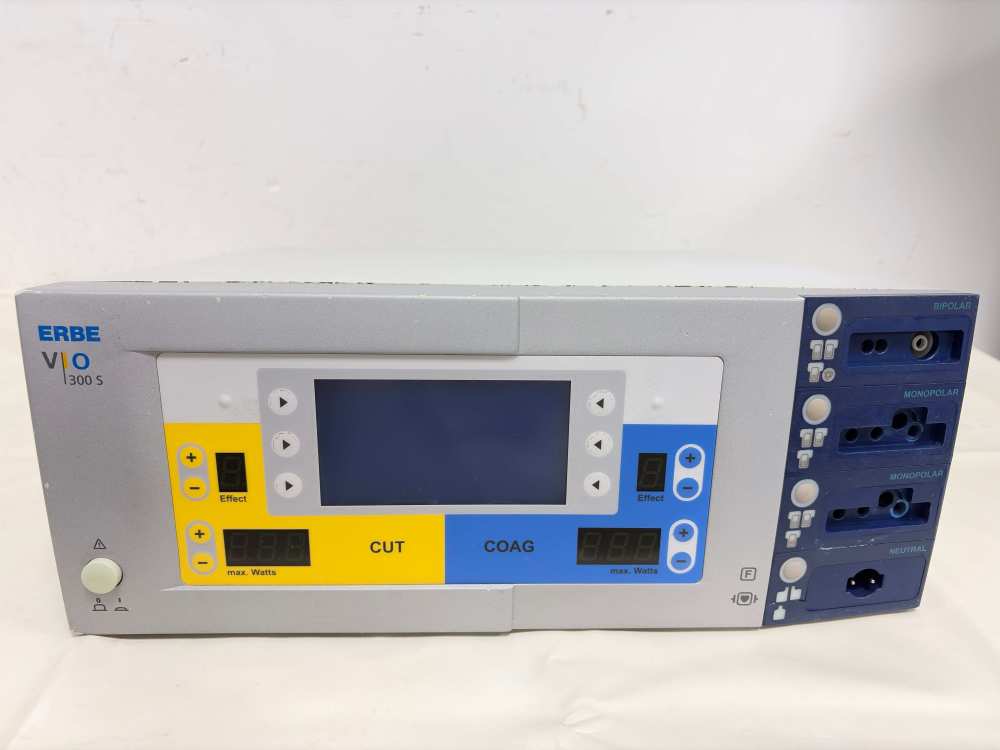 ERBE VIO 300 S electrosurgical unit front view, showing clean display and connection ports.