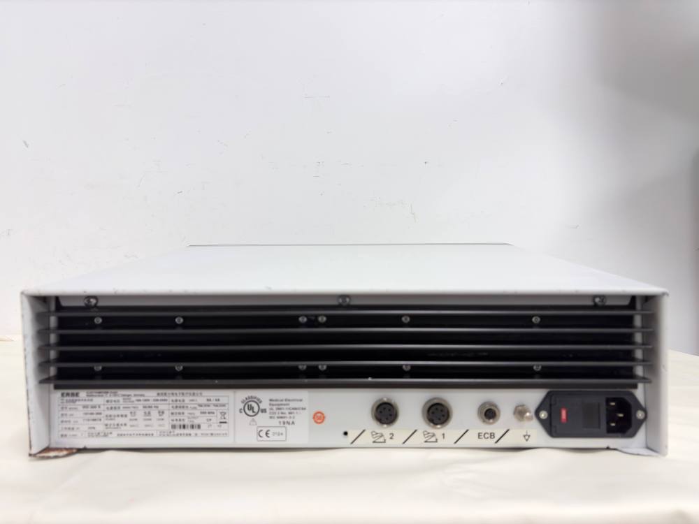 ERBE VIO 300 S electrosurgical unit rear panel, showing cooling fins, power socket, and foot switch ports.