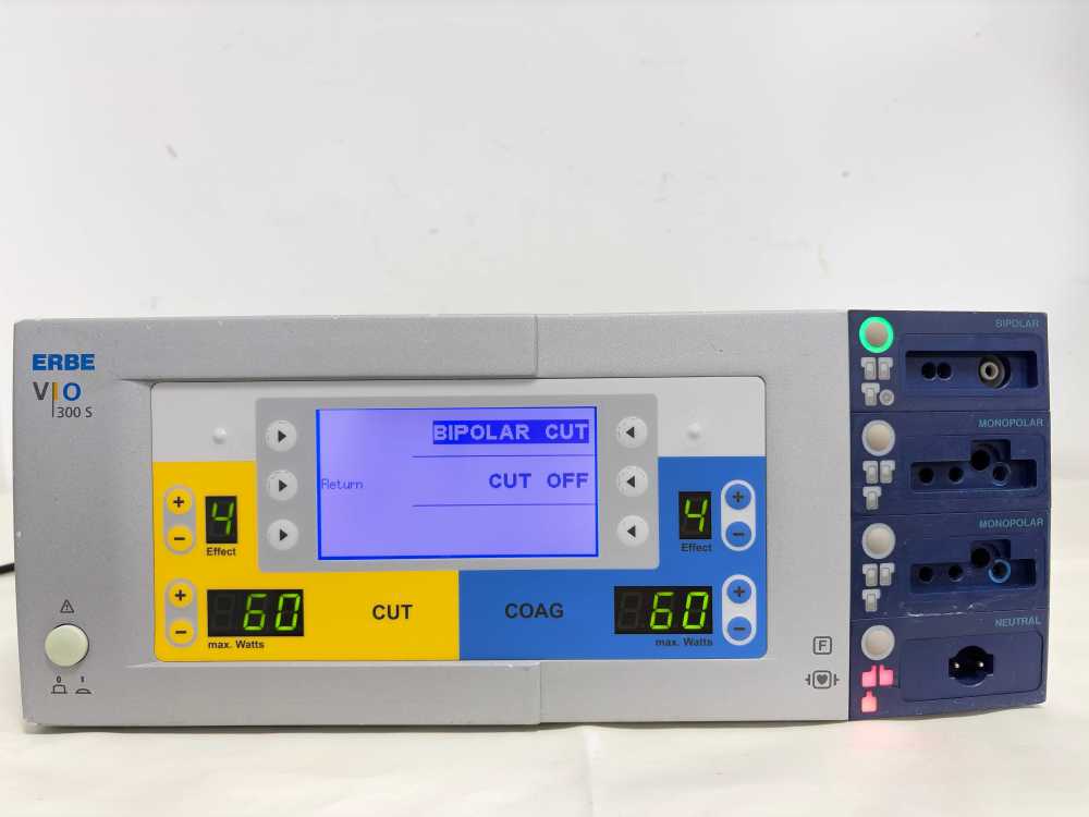 ERBE VIO 300 S electrosurgical unit powered on, showing BIPOLAR CUT OFF status on the digital display.