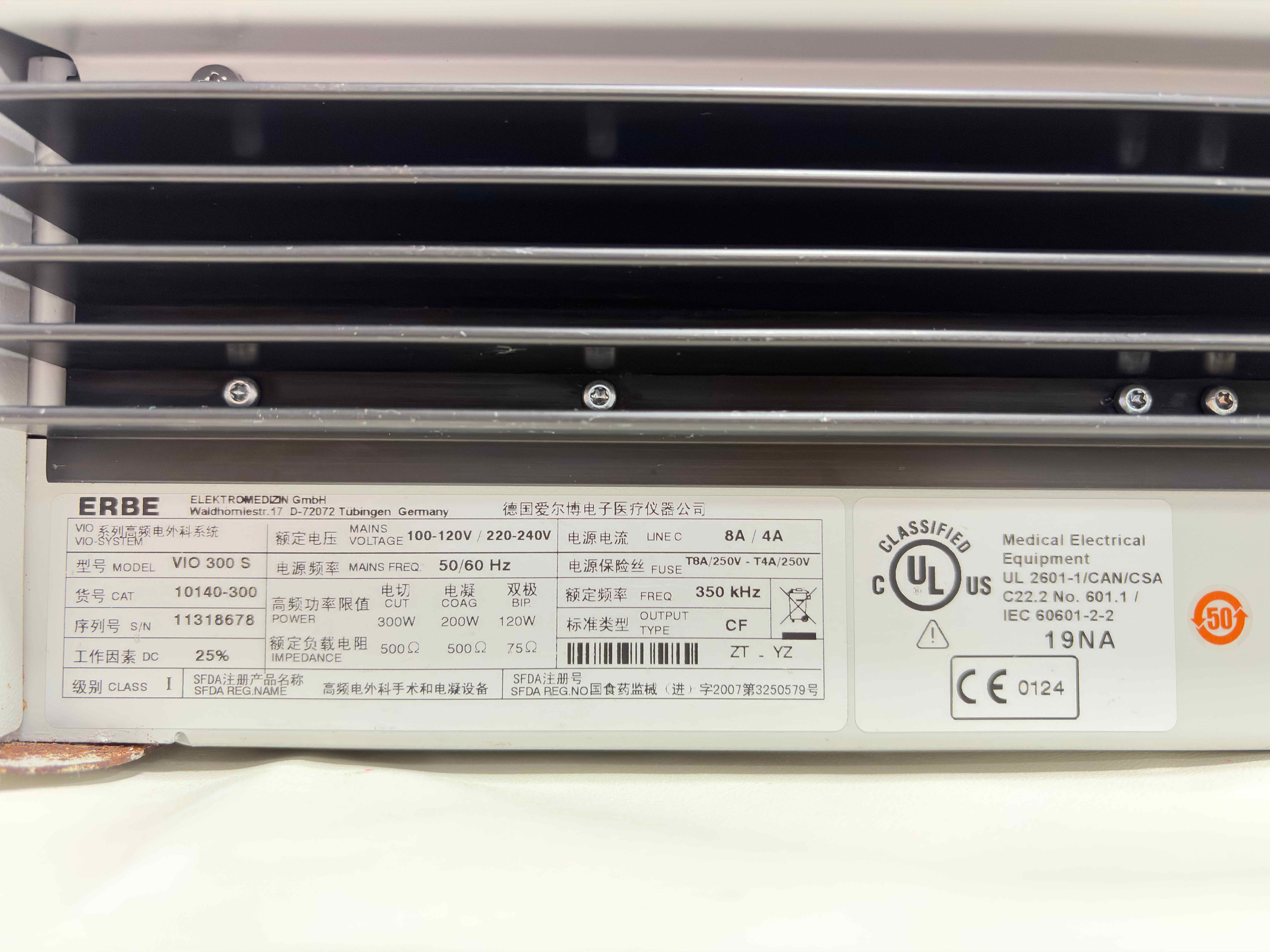 ERBE VIO 300 S electrosurgical unit specification plate, showing model details, voltage, and serial number 11318678.