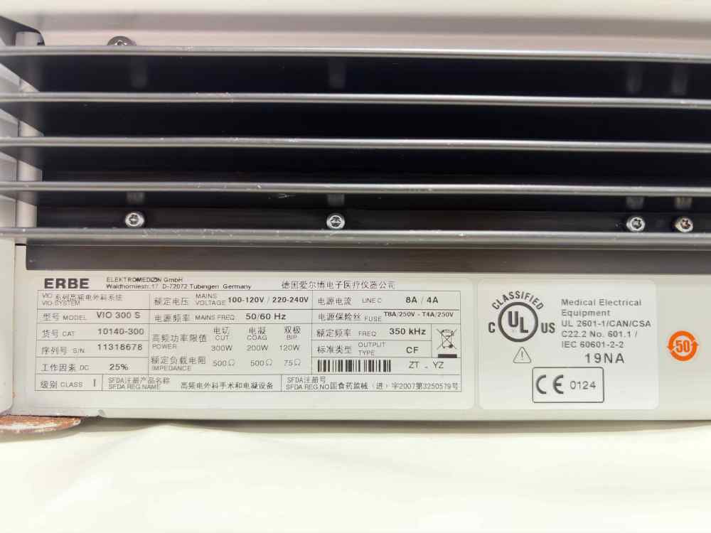 ERBE VIO 300 S electrosurgical unit specification plate, showing model details, voltage, and serial number 11318678.