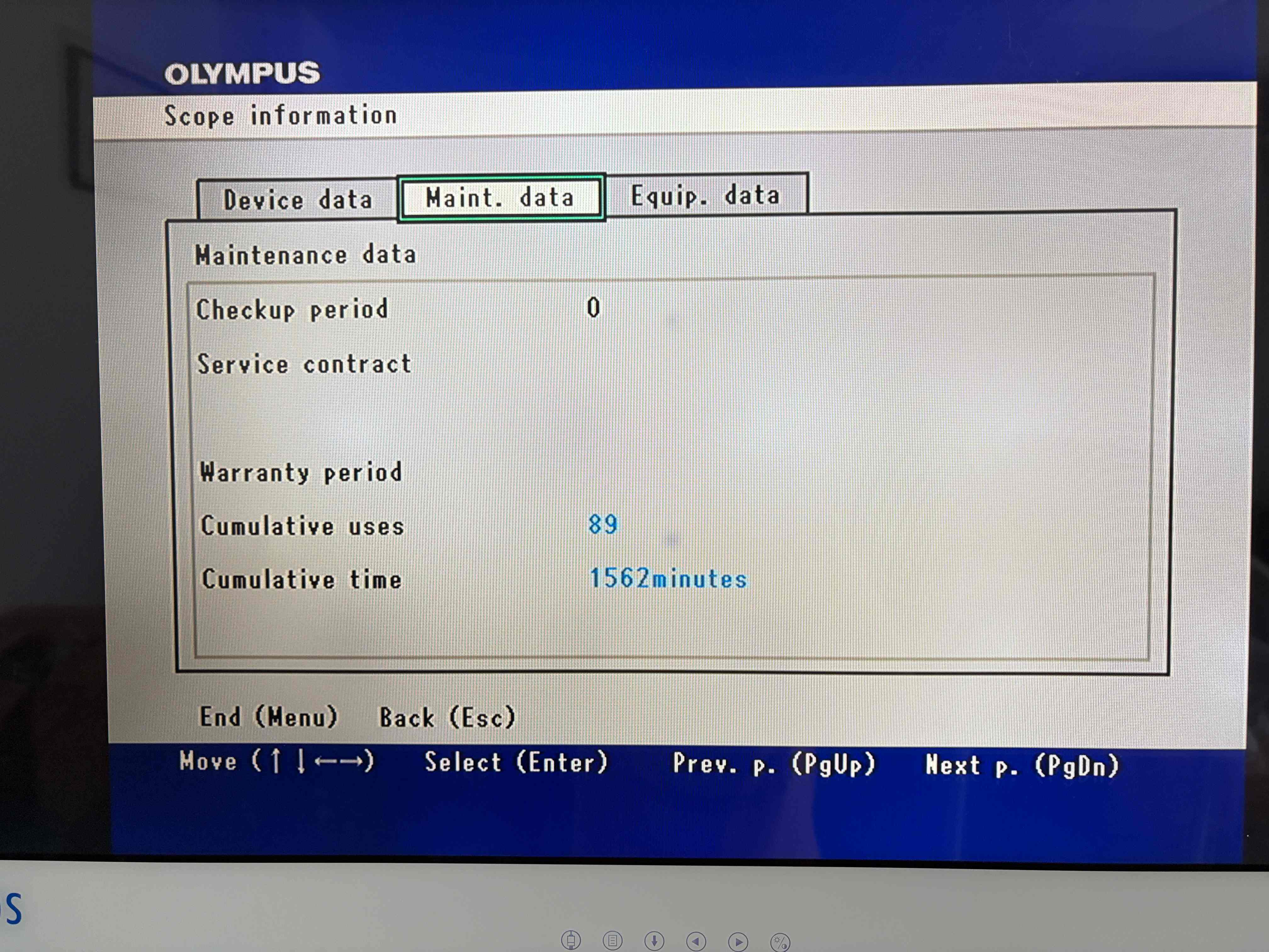 Olympus CYF-VH maintenance data menu, cumulative uses 89 times, 1562 mins runtime