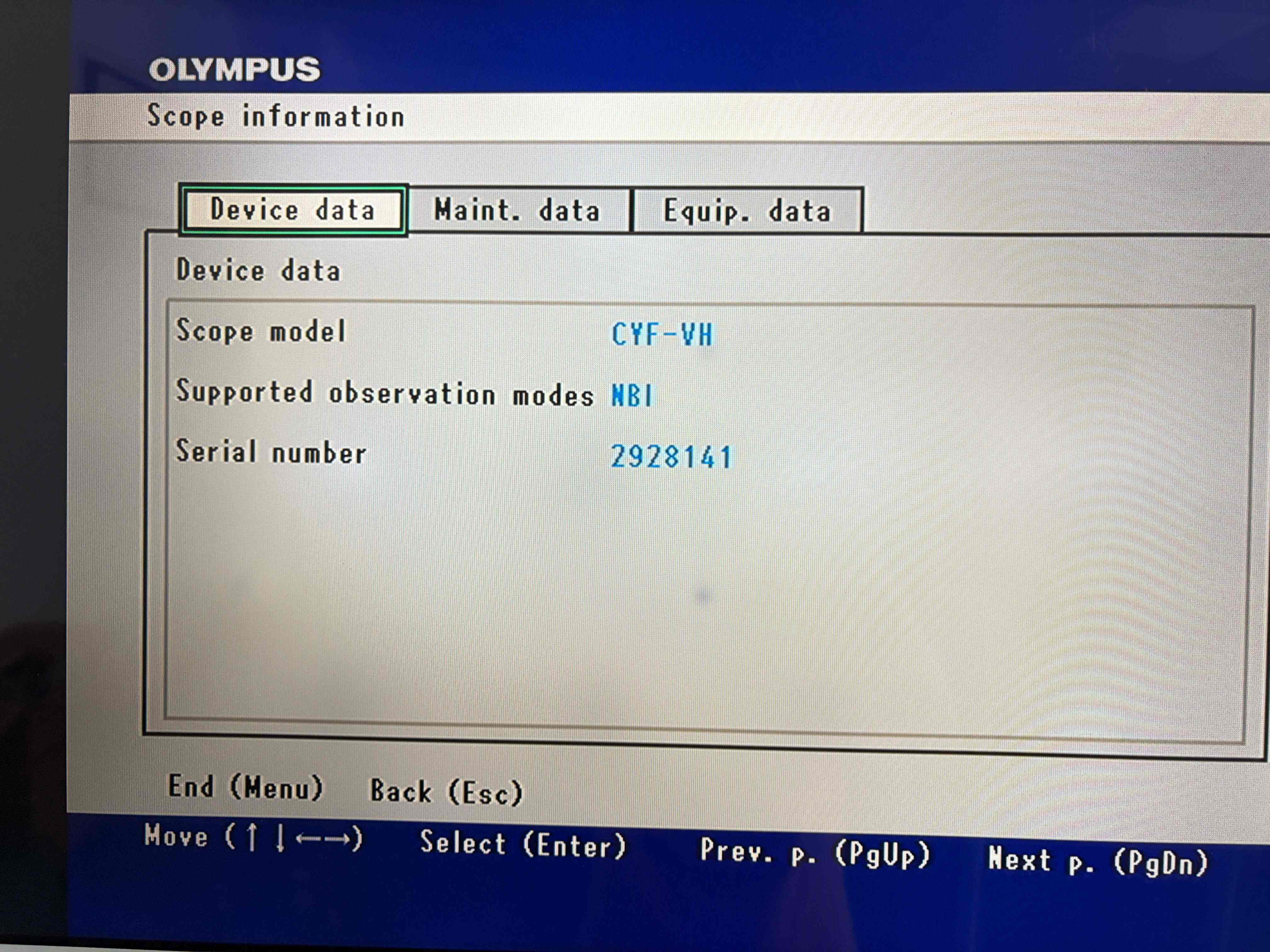 Olympus CYF-VH flexible cystoscope device data screen serial number 2928141, NBI supported