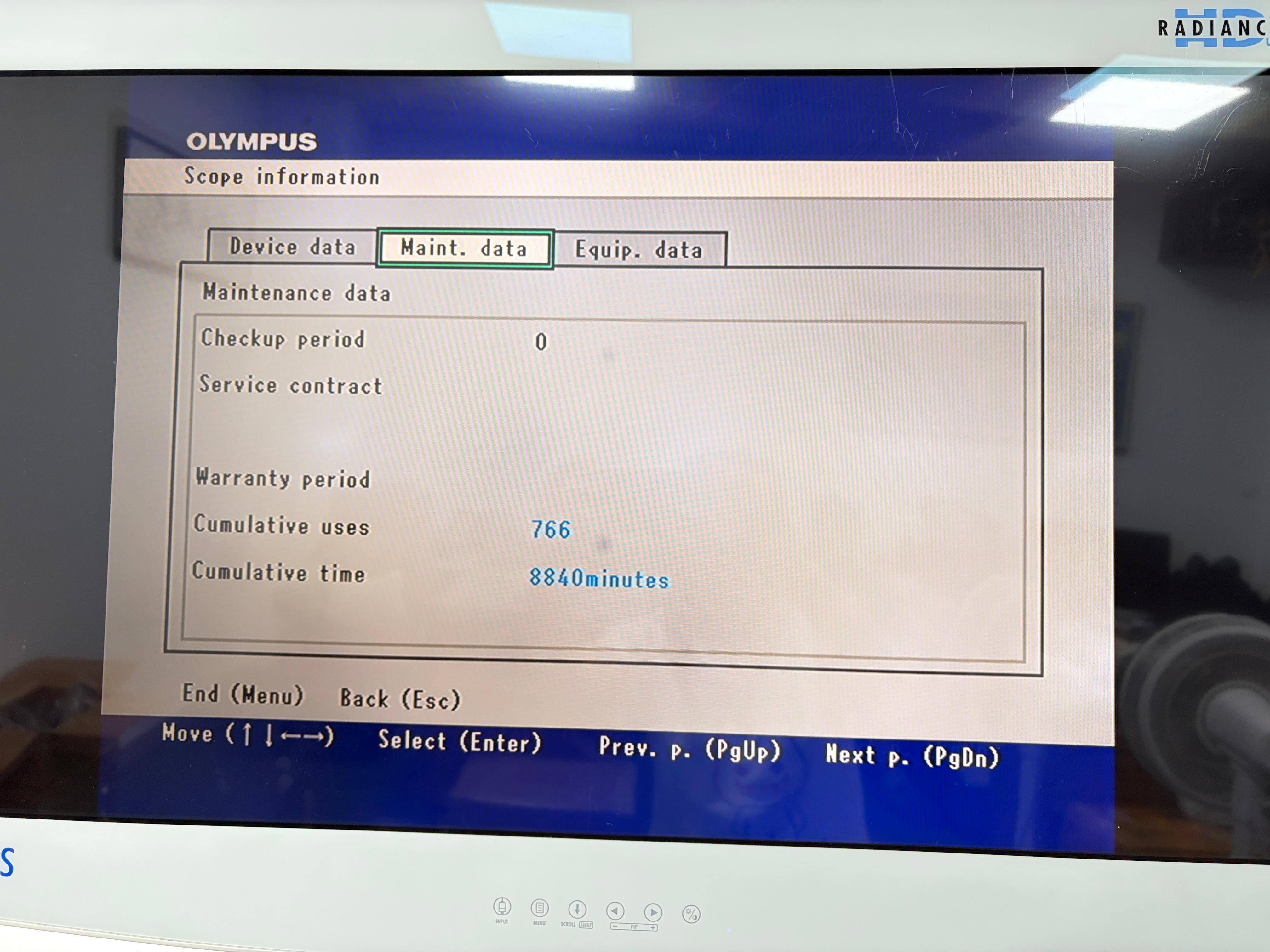 Olympus ENF-VH maintenance data page, cumulative uses 766 times, cumulative time 8840 minutes