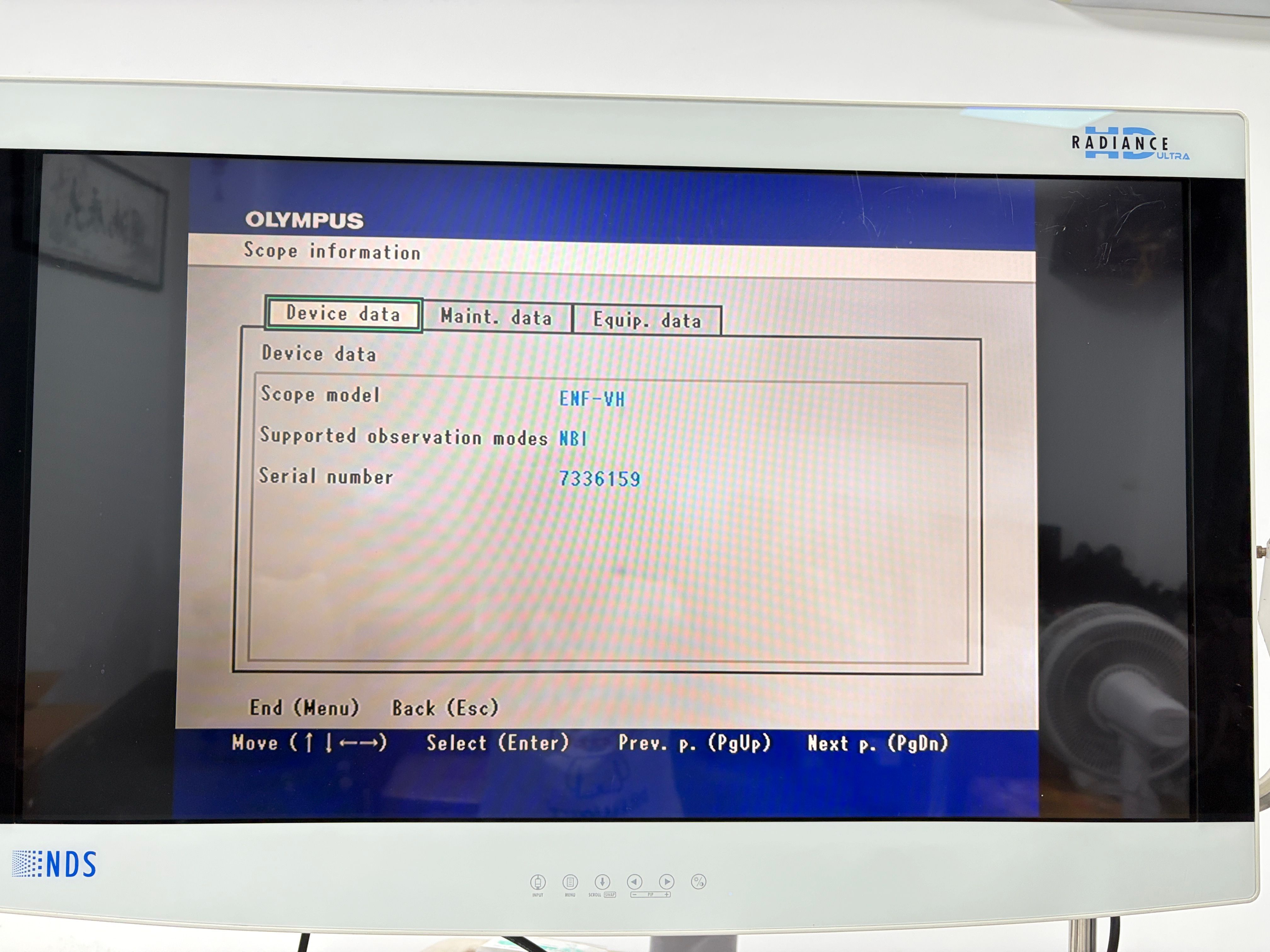 Olympus ENF-VH Rhino-Laryngo Videoscope scope information screen, serial number 7336159, NBI supported