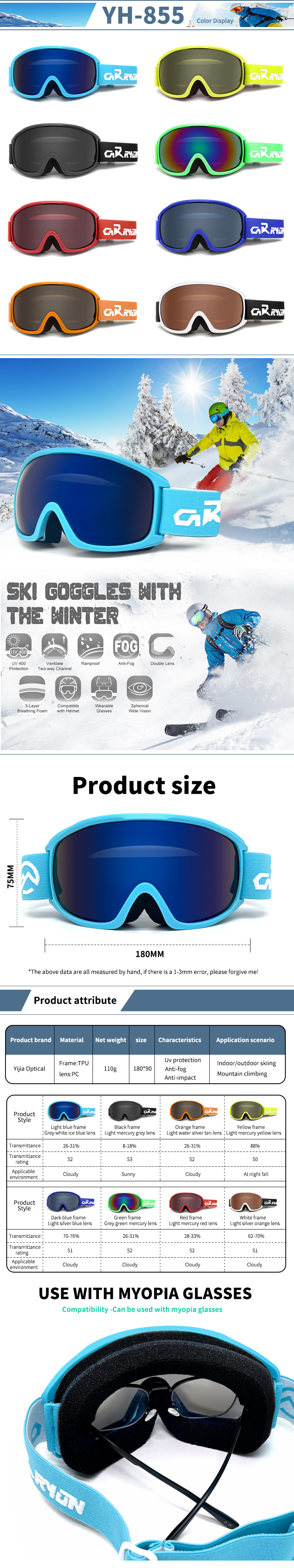 YIJIA anti-fog snowboard goggles &ndash; unisex ski goggles with UV protection for wholesale buyers
